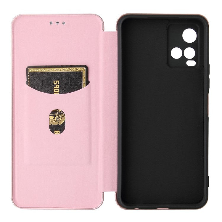 Carbon Fiber Texture Well-Protected Stylish Precise Cutout Auto-absorbed Leather Phone Case with Card Slot for vivo Y21/Y33s - Rose Gold