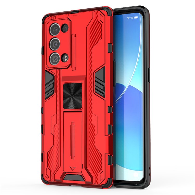 Kickstand Design Hard PC Back + Soft TPU Bumper Bumper Drop Proof Protective Case for Oppo Reno6 Pro+ 5G - Red