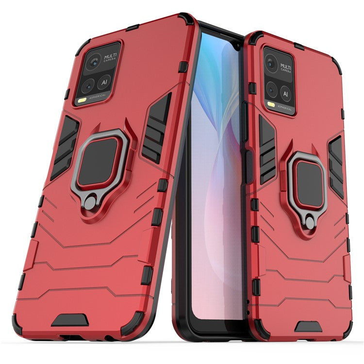 Ring Kickstand Design TPU + PC Shock Absorption Double Protection Cover for vivo Y21 - Red