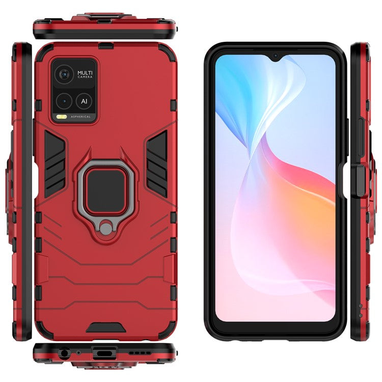 Ring Kickstand Design TPU + PC Shock Absorption Double Protection Cover for vivo Y21 - Red