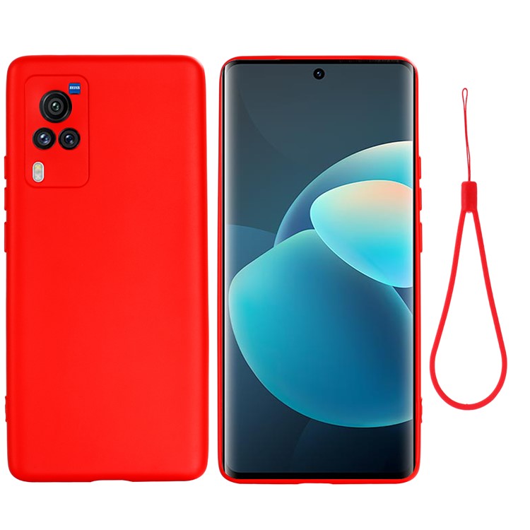 Microfiber Liner Precise Cutout Anti-fingerprint Liquid Silicone Case Phone Back Cover with Handy Strap for vivo X60 Pro 5G (Global) - Red