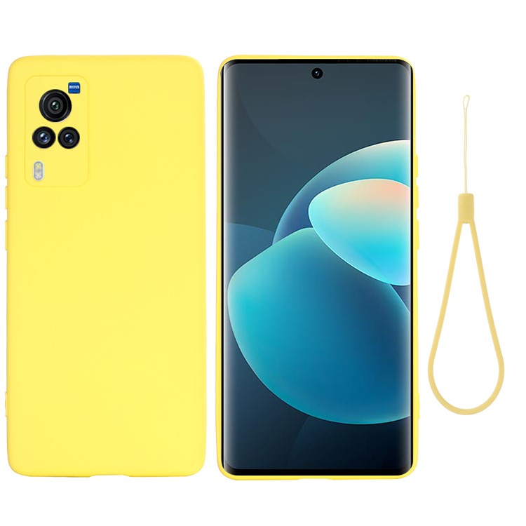 Microfiber Liner Precise Cutout Anti-fingerprint Liquid Silicone Case Phone Back Cover with Handy Strap for vivo X60 Pro 5G (Global) - Yellow