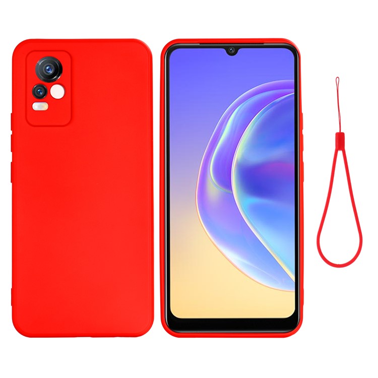 Quality Phone Case Shockproof Precise Cutout Solid Color Liquid Silicone Phone Cover with Handy Strap for vivo V21e 4G / vivo Y73 - Red