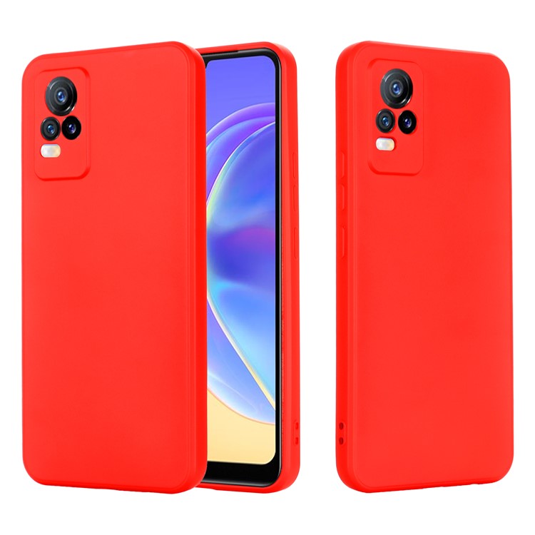 Quality Phone Case Shockproof Precise Cutout Solid Color Liquid Silicone Phone Cover with Handy Strap for vivo V21e 4G / vivo Y73 - Red