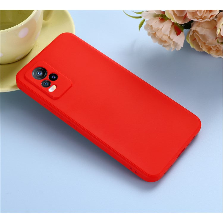 Quality Phone Case Shockproof Precise Cutout Solid Color Liquid Silicone Phone Cover with Handy Strap for vivo V21e 4G / vivo Y73 - Red