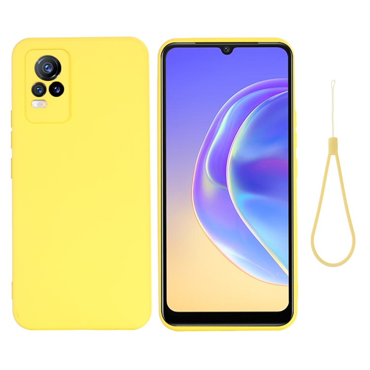 Quality Phone Case Shockproof Precise Cutout Solid Color Liquid Silicone Phone Cover with Handy Strap for vivo V21e 4G / vivo Y73 - Yellow