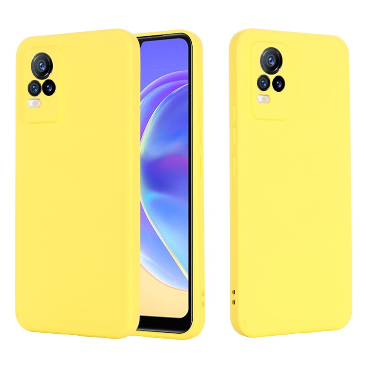 Quality Phone Case Shockproof Precise Cutout Solid Color Liquid Silicone Phone Cover with Handy Strap for vivo V21e 4G / vivo Y73 - Yellow