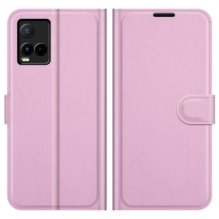 For vivo Y21 Practical Design Phone Case Wallet Stand Litchi Skin Flip Leather Phone Cover Shell - Purple - Pink