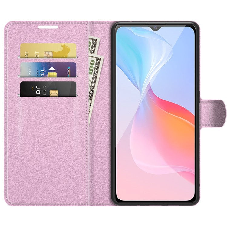 For vivo Y21 Practical Design Phone Case Wallet Stand Litchi Skin Flip Leather Phone Cover Shell - Purple - Pink