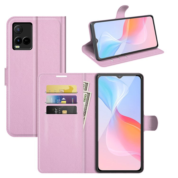 For vivo Y21 Practical Design Phone Case Wallet Stand Litchi Skin Flip Leather Phone Cover Shell - Purple - Pink