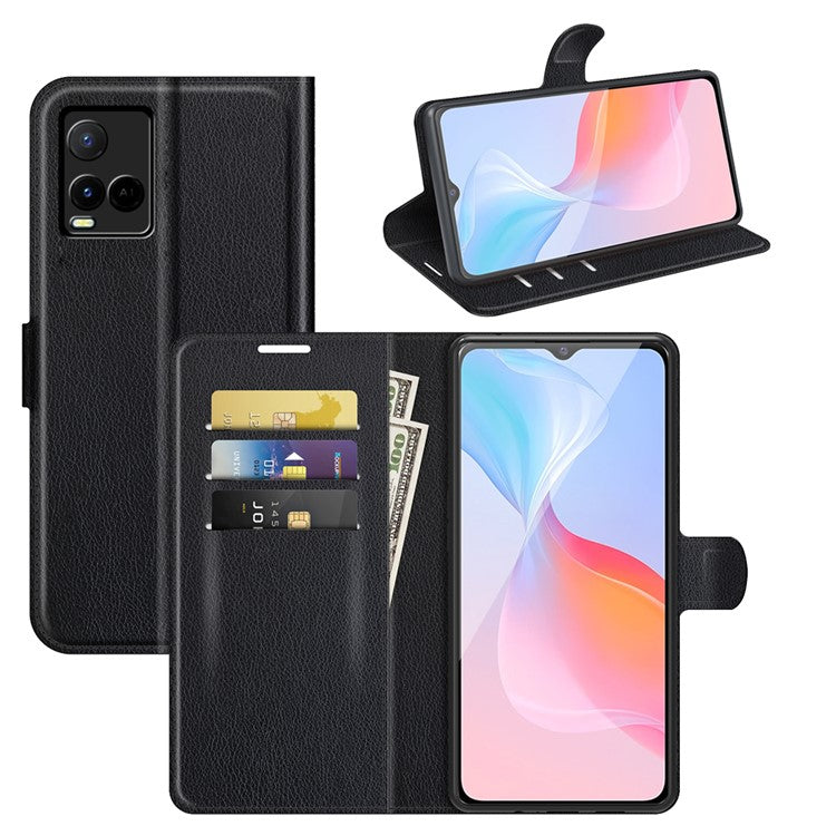 For vivo Y21 Practical Design Phone Case Wallet Stand Litchi Skin Flip Leather Phone Cover Shell - Purple - Black