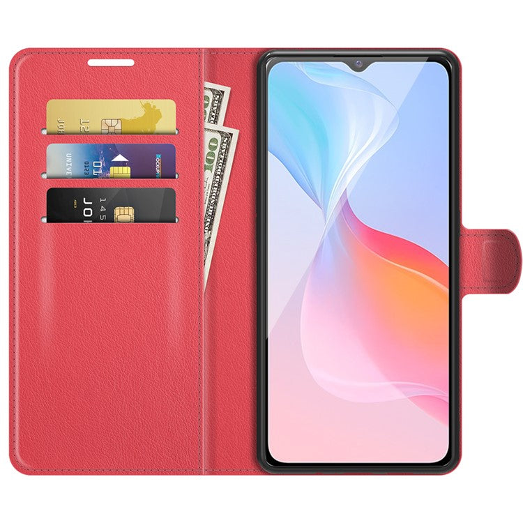 For vivo Y21 Practical Design Phone Case Wallet Stand Litchi Skin Flip Leather Phone Cover Shell - Purple - Red