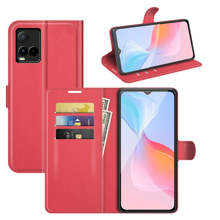 For vivo Y21 Practical Design Phone Case Wallet Stand Litchi Skin Flip Leather Phone Cover Shell - Purple - Red