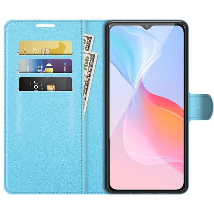 For vivo Y21 Practical Design Phone Case Wallet Stand Litchi Skin Flip Leather Phone Cover Shell - Purple - Blue