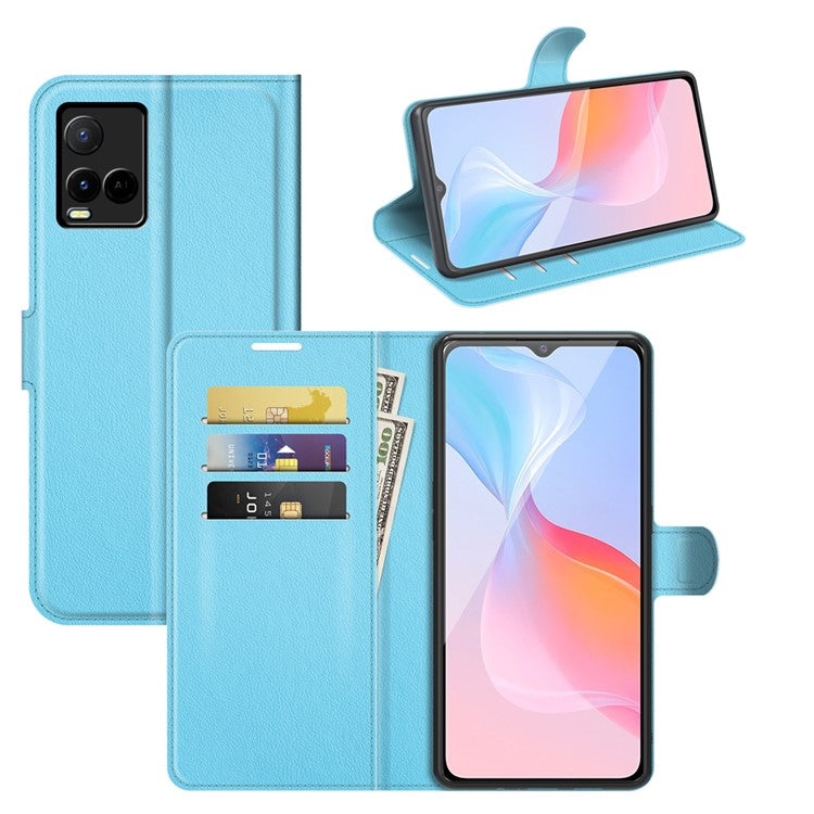 For vivo Y21 Practical Design Phone Case Wallet Stand Litchi Skin Flip Leather Phone Cover Shell - Purple - Blue