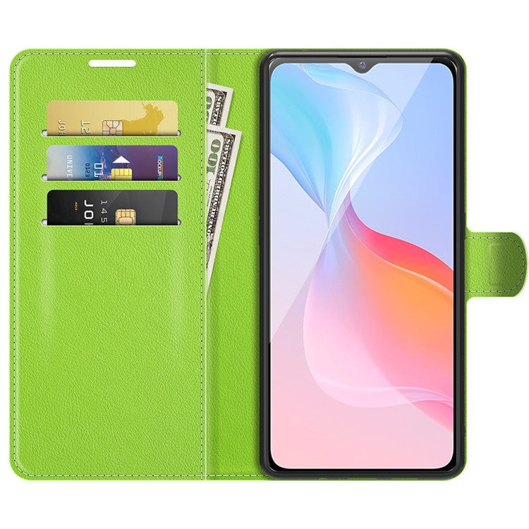 For vivo Y21 Practical Design Phone Case Wallet Stand Litchi Skin Flip Leather Phone Cover Shell - Purple - Green