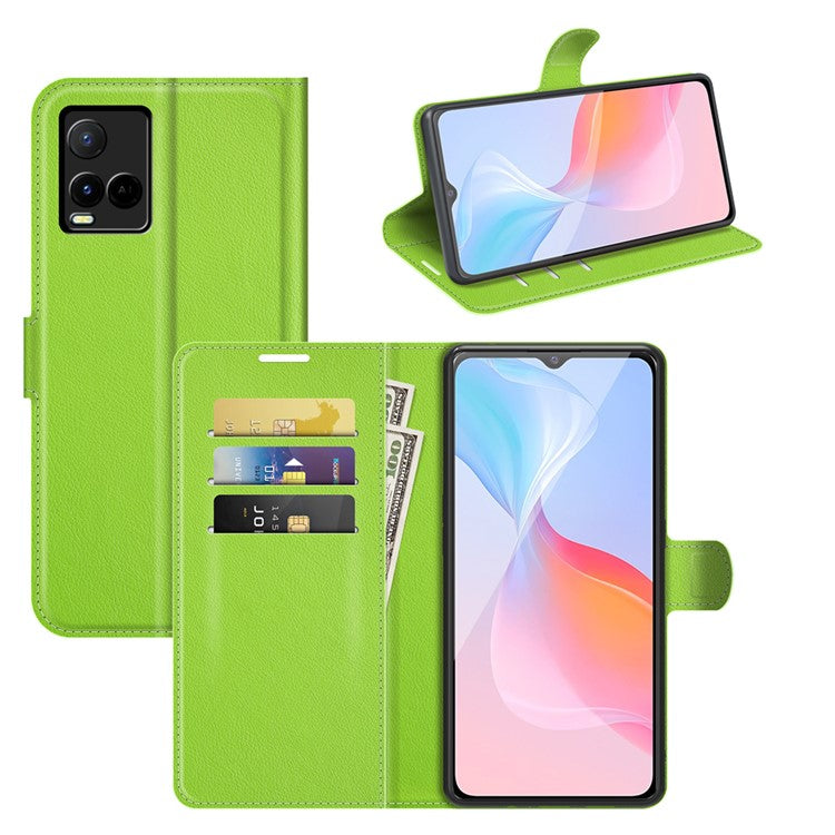 For vivo Y21 Practical Design Phone Case Wallet Stand Litchi Skin Flip Leather Phone Cover Shell - Purple - Green