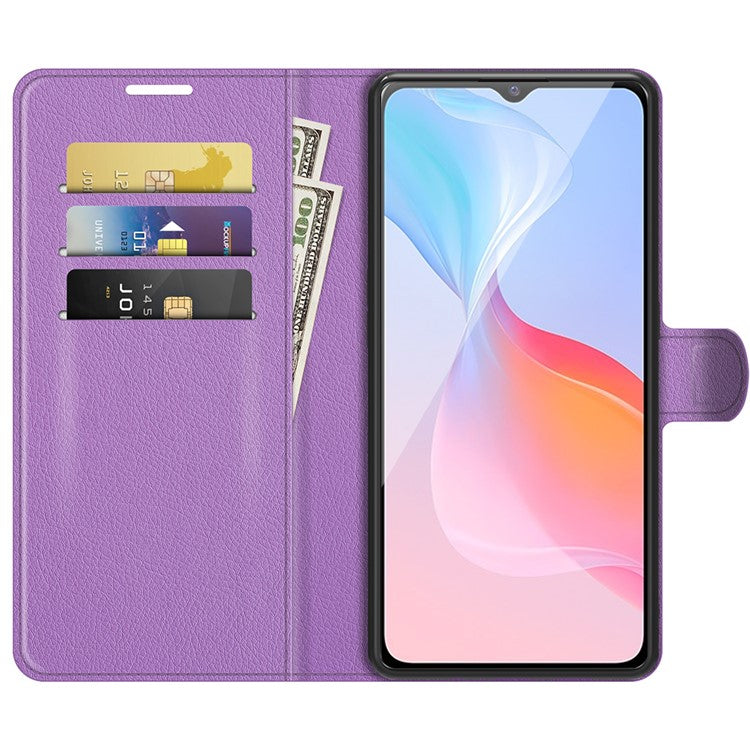 For vivo Y21 Practical Design Phone Case Wallet Stand Litchi Skin Flip Leather Phone Cover Shell - Purple - Purple