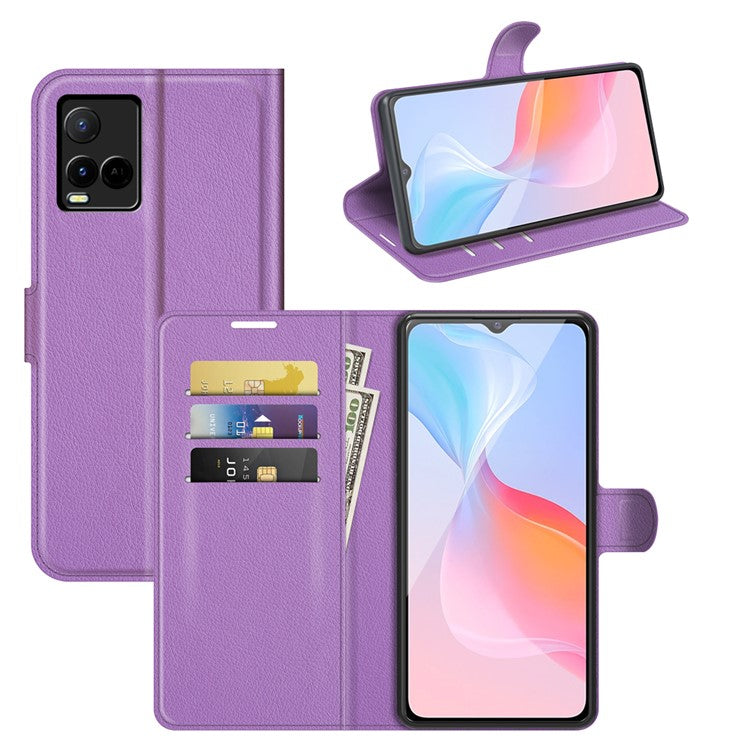 For vivo Y21 Practical Design Phone Case Wallet Stand Litchi Skin Flip Leather Phone Cover Shell - Purple - Purple