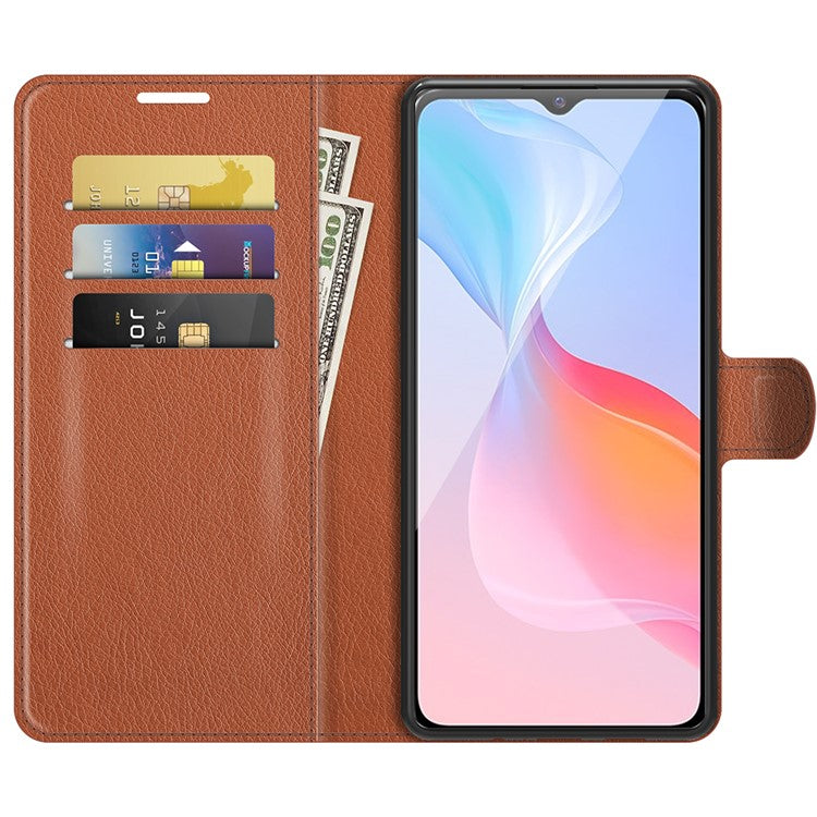 For vivo Y21 Practical Design Phone Case Wallet Stand Litchi Skin Flip Leather Phone Cover Shell - Purple - Brown