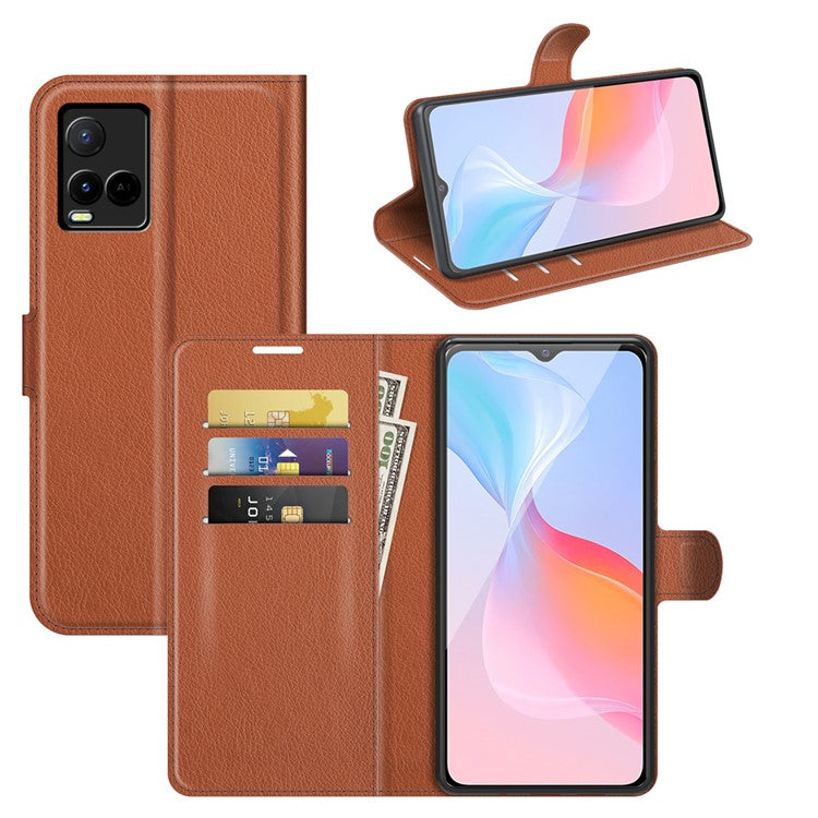 For vivo Y21 Practical Design Phone Case Wallet Stand Litchi Skin Flip Leather Phone Cover Shell - Purple - Brown