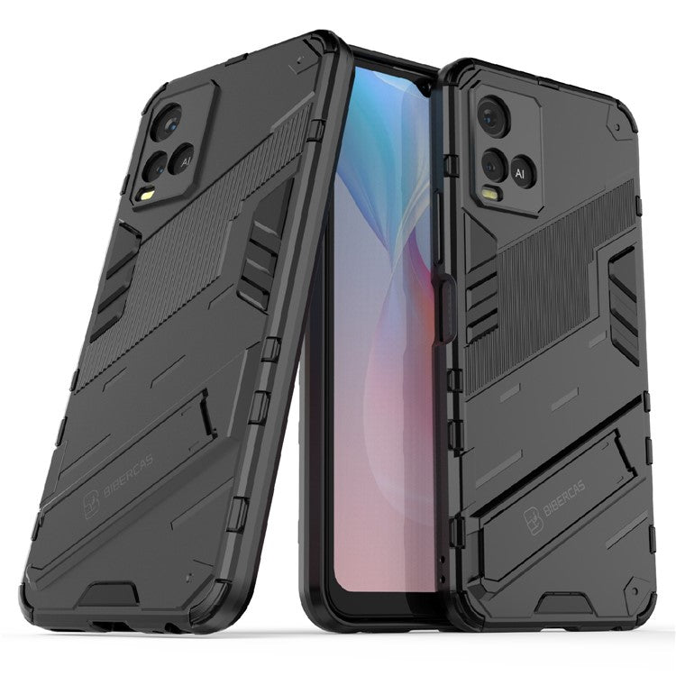 Dual-Layer Shock-Absorption Combo PC + TPU Back Case with Kickstand for vivo Y21 - Black