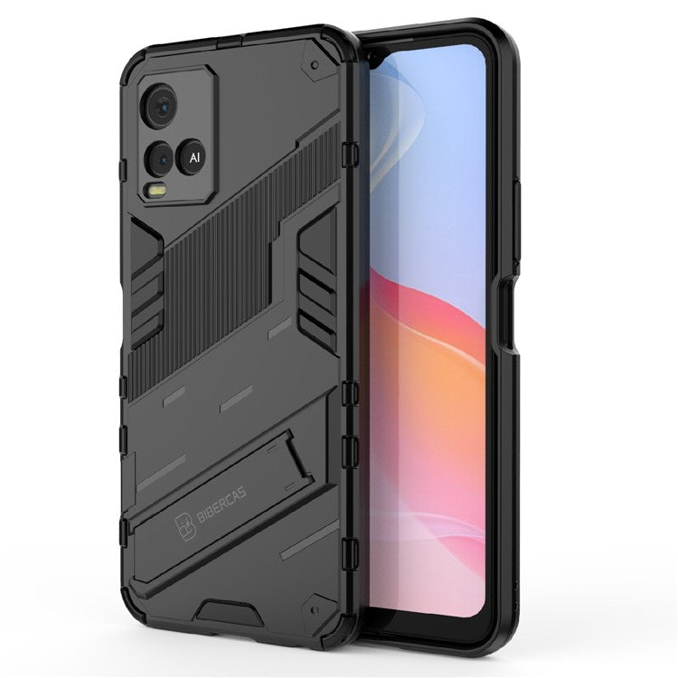 Dual-Layer Shock-Absorption Combo PC + TPU Back Case with Kickstand for vivo Y21 - Black