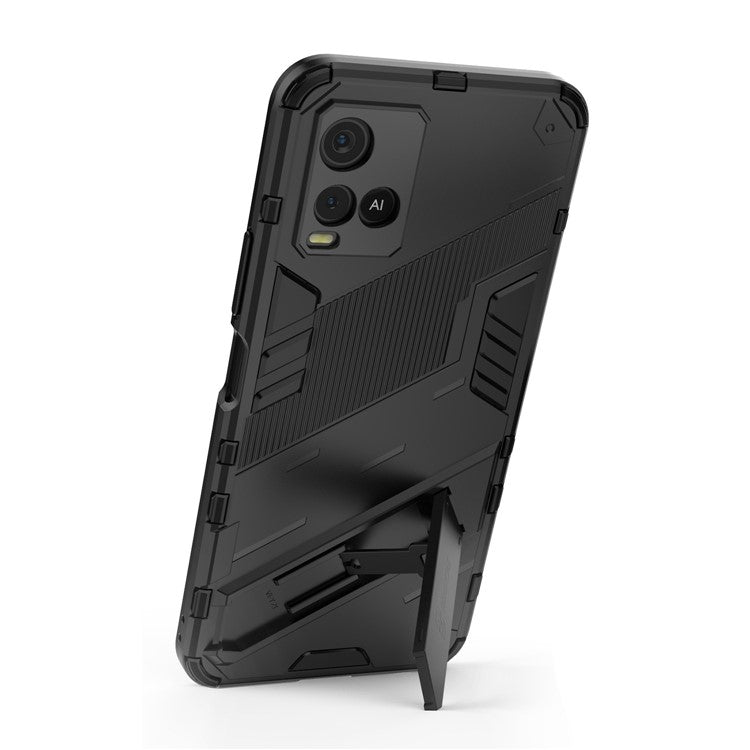 Dual-Layer Shock-Absorption Combo PC + TPU Back Case with Kickstand for vivo Y21 - Black