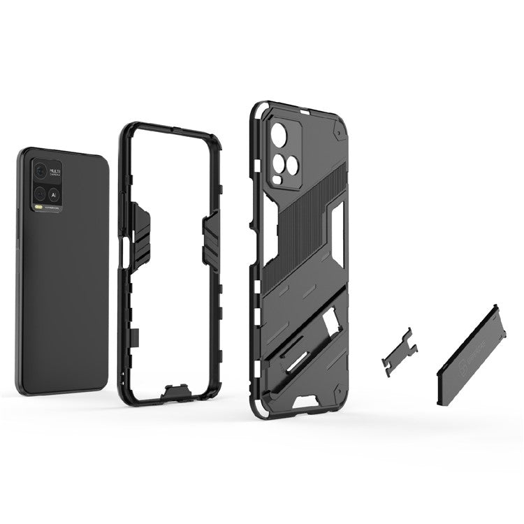 Dual-Layer Shock-Absorption Combo PC + TPU Back Case with Kickstand for vivo Y21 - Black