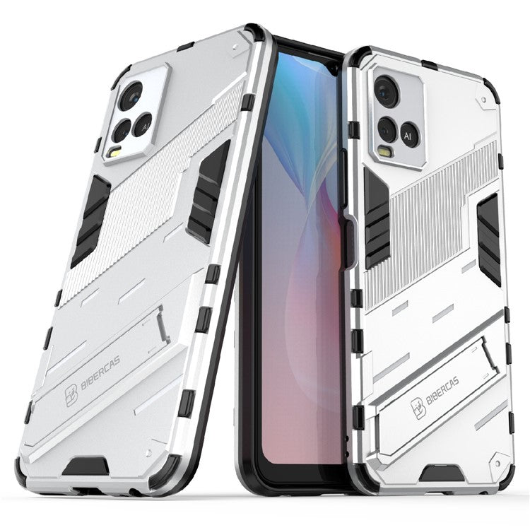 Dual-Layer Shock-Absorption Combo PC + TPU Back Case with Kickstand for vivo Y21 - White