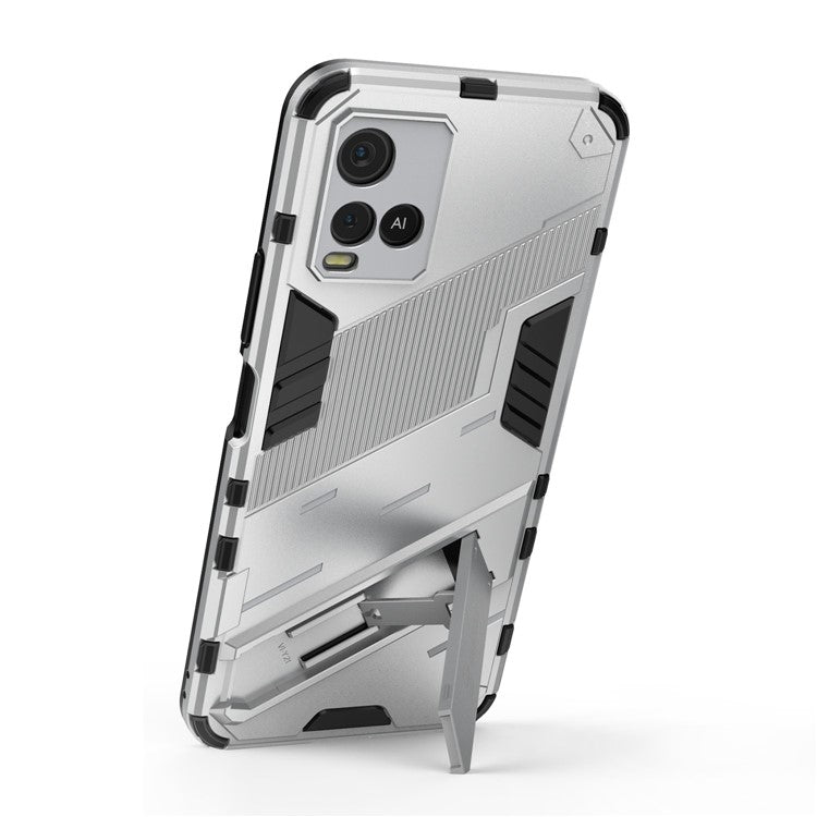 Dual-Layer Shock-Absorption Combo PC + TPU Back Case with Kickstand for vivo Y21 - White