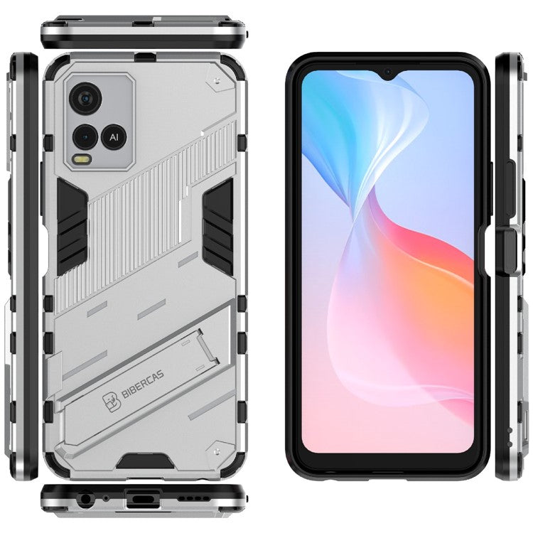 Dual-Layer Shock-Absorption Combo PC + TPU Back Case with Kickstand for vivo Y21 - White