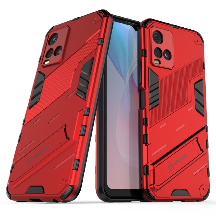 Dual-Layer Shock-Absorption Combo PC + TPU Back Case with Kickstand for vivo Y21 - Red