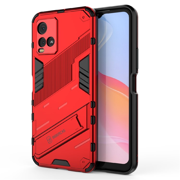 Dual-Layer Shock-Absorption Combo PC + TPU Back Case with Kickstand for vivo Y21 - Red