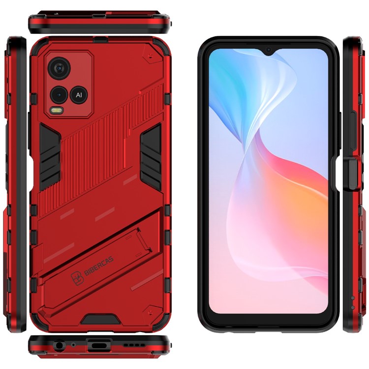 Dual-Layer Shock-Absorption Combo PC + TPU Back Case with Kickstand for vivo Y21 - Red