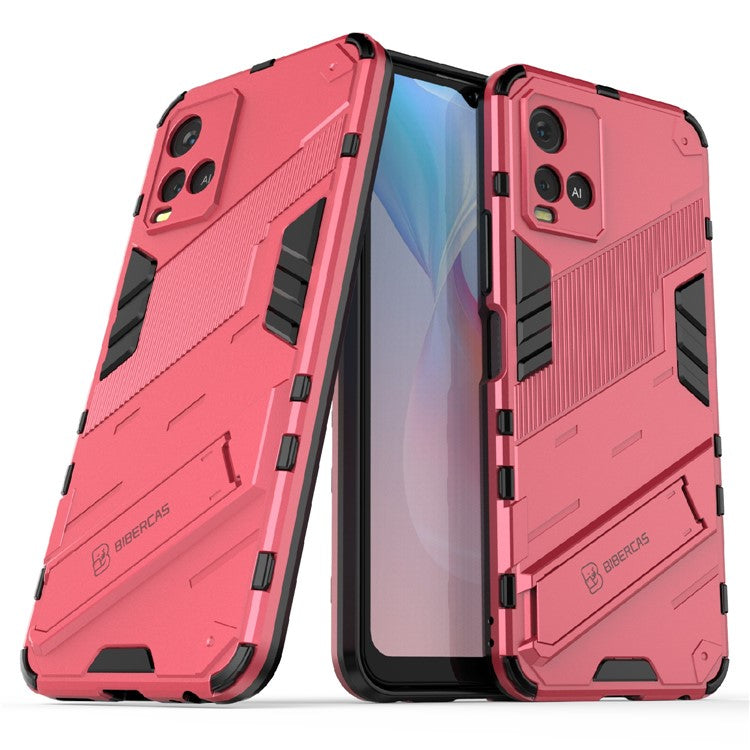 Dual-Layer Shock-Absorption Combo PC + TPU Back Case with Kickstand for vivo Y21 - Rose