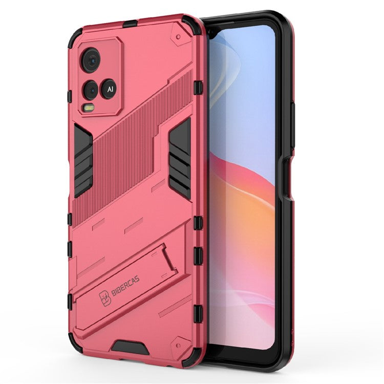 Dual-Layer Shock-Absorption Combo PC + TPU Back Case with Kickstand for vivo Y21 - Rose