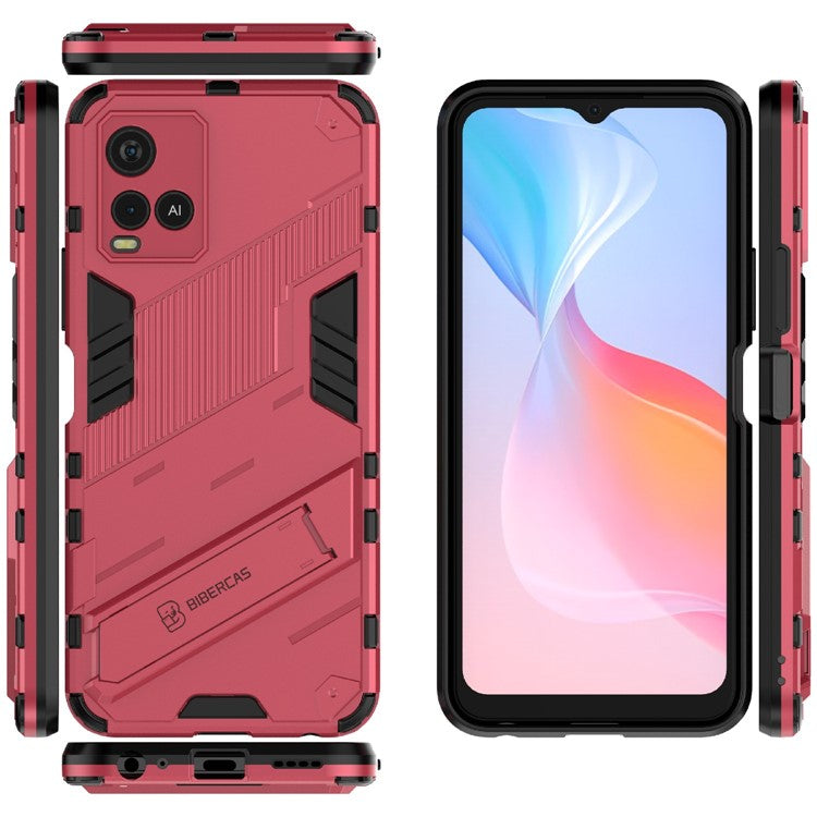 Dual-Layer Shock-Absorption Combo PC + TPU Back Case with Kickstand for vivo Y21 - Rose