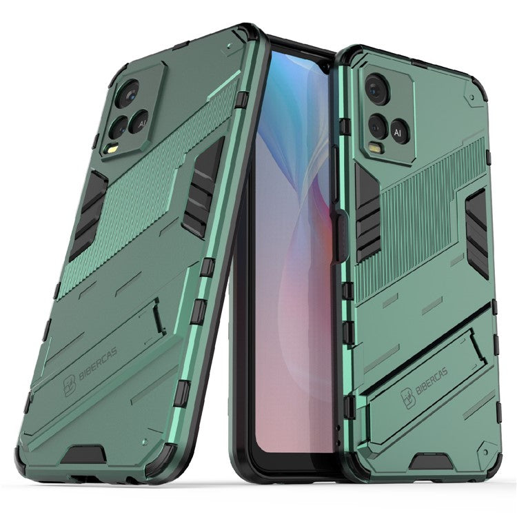 Dual-Layer Shock-Absorption Combo PC + TPU Back Case with Kickstand for vivo Y21 - Green