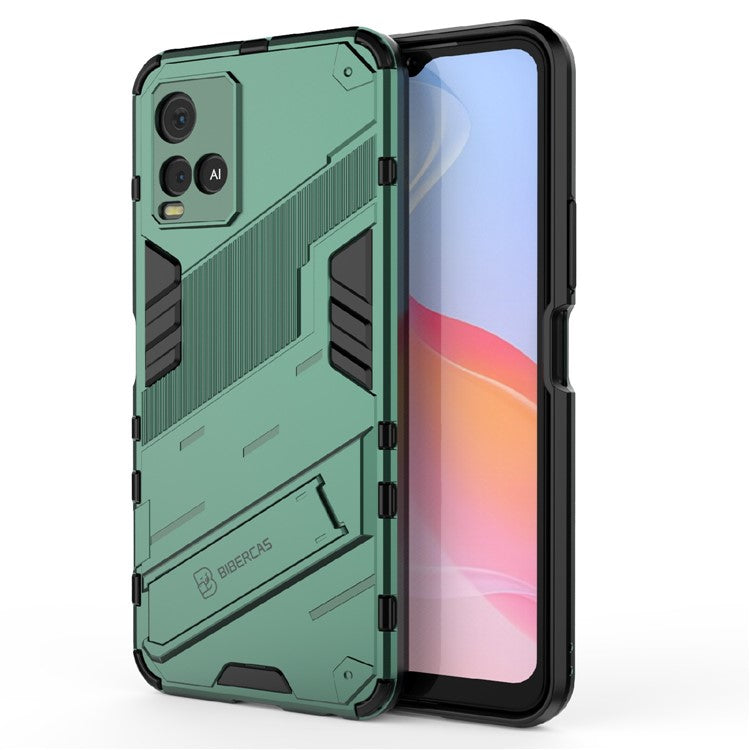 Dual-Layer Shock-Absorption Combo PC + TPU Back Case with Kickstand for vivo Y21 - Green