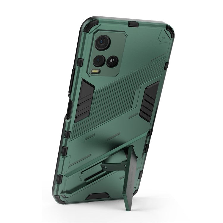 Dual-Layer Shock-Absorption Combo PC + TPU Back Case with Kickstand for vivo Y21 - Green