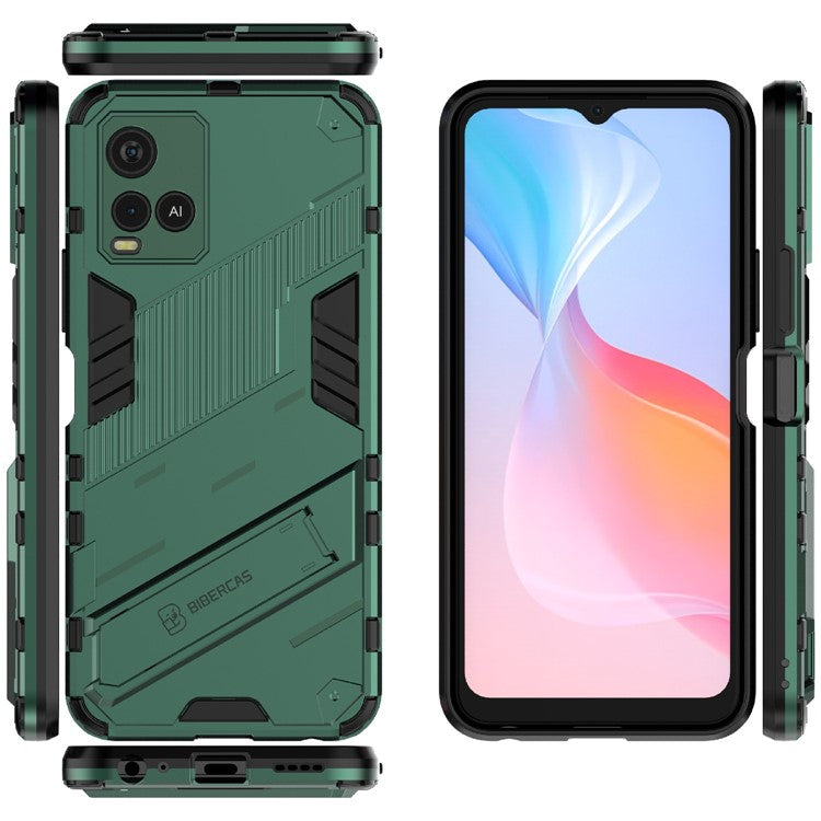 Dual-Layer Shock-Absorption Combo PC + TPU Back Case with Kickstand for vivo Y21 - Green