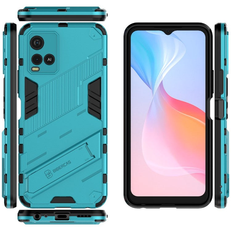 Dual-Layer Shock-Absorption Combo PC + TPU Back Case with Kickstand for vivo Y21 - Baby Blue