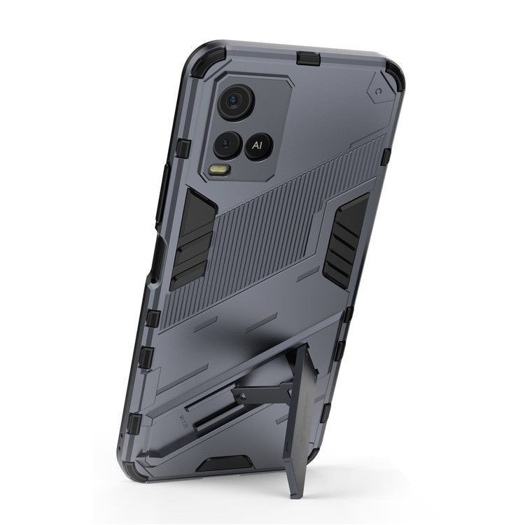 Dual-Layer Shock-Absorption Combo PC + TPU Back Case with Kickstand for vivo Y21 - Dark Blue