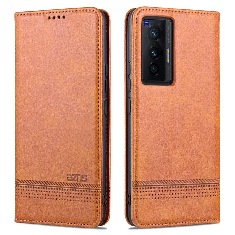 AZNS Durable Wallet Design PU Leather Shockproof Phone Cover Case for vivo X70 - Brown