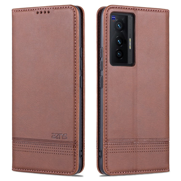 AZNS Durable Wallet Design PU Leather Shockproof Phone Cover Case for vivo X70 - Coffee