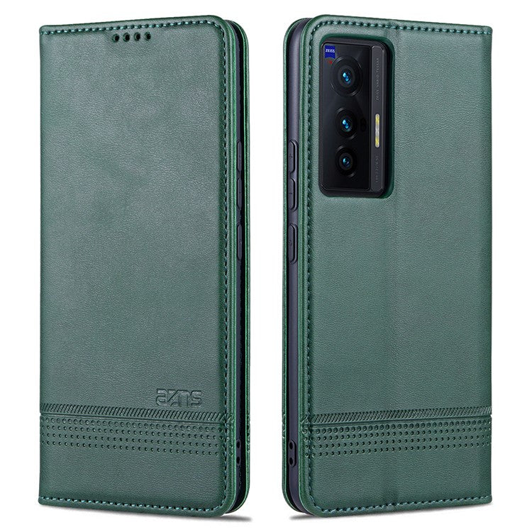 AZNS Durable Wallet Design PU Leather Shockproof Phone Cover Case for vivo X70 - Green