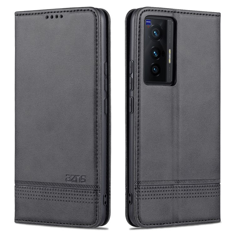 AZNS Durable Wallet Design PU Leather Shockproof Phone Cover Case for vivo X70 - Black