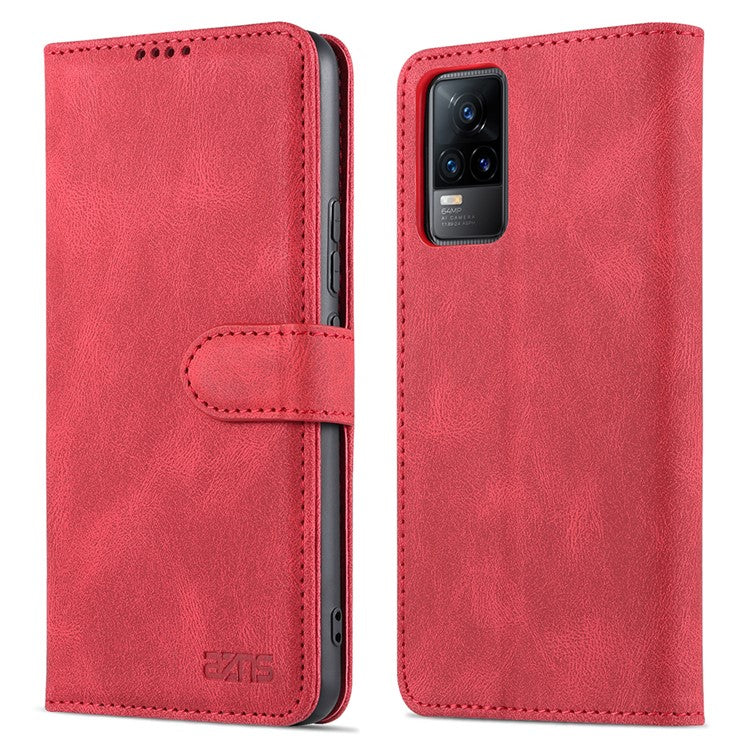 AZNS Anti-Scratch Wallet Design Phone Case Shockproof Flip Phone Cover with Stand for vivo V21e 4G / vivo Y73 - Red