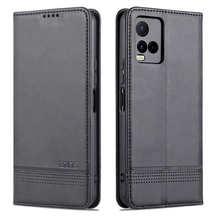 AZNS Shockproof Wallet Stand Design Magnetic Auto Closing PU Leather Phone Case Cover for vivo Y21/Y33s - Black